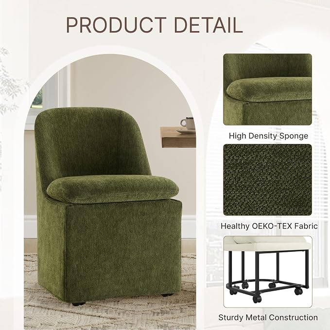 KISLOT Upholstered Dining Chairs Set of 1 with Hidden Casters, Modern Kitchen Chairs with Removable Washable Cover, Padded Dining Room Chairs with Chenille Velvet Fabric & Metal Frame, Green