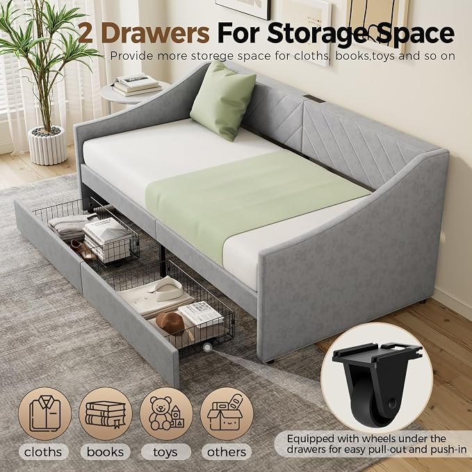 Twin Size Daybed with 2 Storage Drawers, Upholstered Daybed Frame with Charging Station, Heavy Duty Sofa Bed for Bedroom, Living Room, No Box Spring Needed,Easy Assembly