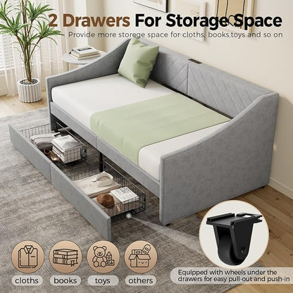 Twin Size Daybed with 2 Storage Drawers, Upholstered Daybed Frame with Charging Station, Heavy Duty Sofa Bed for Bedroom, Living Room, No Box Spring Needed,Easy Assembly
