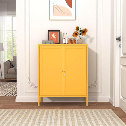 36" H Metal Storage Cabinet with Recessed Door & 2 Adjustable Shelves, Freestanding Metal Sideboard Organizer for Kitchen, Living Room, Entryway, Yellow