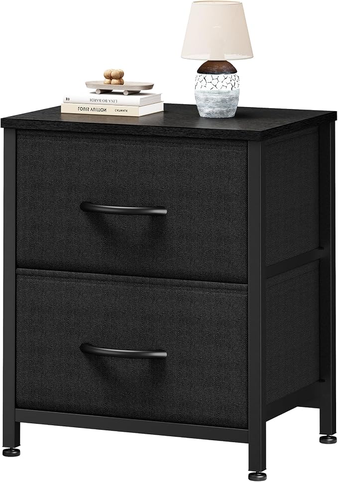 Sweetcrispy Nightstand with 2 Storage Drawers, Small Bedside Table, Black | 20" Height End Table, Wooden Top Fabric Cabinet for Bedroom, Furniture, Closet, College Dorm