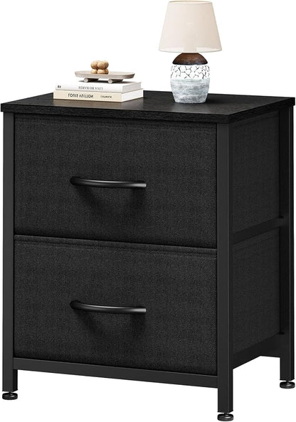 Sweetcrispy Nightstand with 2 Storage Drawers, Small Bedside Table, Black | 20" Height End Table, Wooden Top Fabric Cabinet for Bedroom, Furniture, Closet, College Dorm