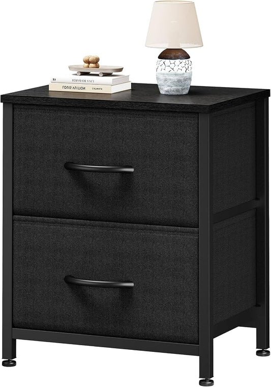 Sweetcrispy Nightstand with 2 Storage Drawers, Small Bedside Table, Black | 20" Height End Table, Wooden Top Fabric Cabinet for Bedroom, Furniture, Closet, College Dorm