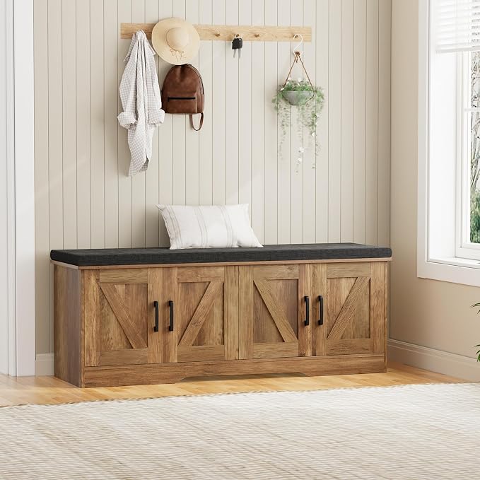 HOMSHO Farmhouse Shoe Storage Bench with 4 Barn Doors & Padded Seat Cushion | 47.2" Wide Entryway Bench with Adjustable Shelves & Hidden Storage, Rustic Walnut