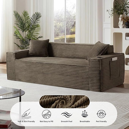 Boneless Sectional Sofa Couch with Cup Holders & Side Pockets, Modern Corduroy Fabric Deep Seat 3-seat Cloud Couch for Living Room Office, No Assembly (Brown)