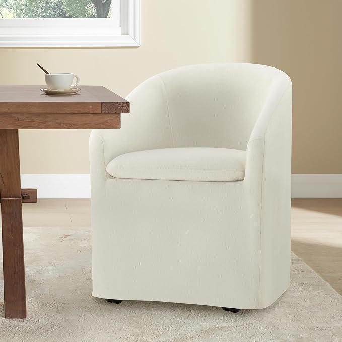 KISLOT Upholstered Dining Chairs with Casters, Washable Cover Modern Dining Room Chairs with Barrel Backrest & Armrest, Vanity Chair with Wheels for Kitchen, Living Room, Bedroom, Linen Fabric, 1PCS