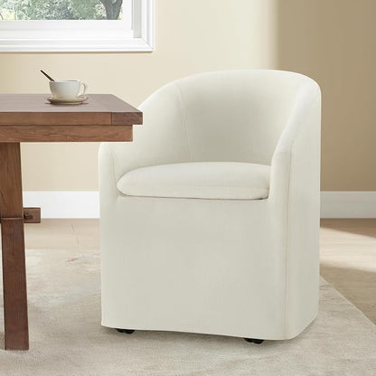 KISLOT Upholstered Dining Chairs with Casters, Washable Cover Modern Dining Room Chairs with Barrel Backrest & Armrest, Vanity Chair with Wheels for Kitchen, Living Room, Bedroom, Linen Fabric, 1PCS