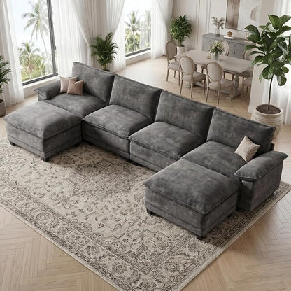 Modern U Shaped Sofa Couches for Living Room, Modular Sectional Cloud Couch with Movable Ottoman, Comfy Chenille Sofa for Apartment and Small Space, Dark Gray