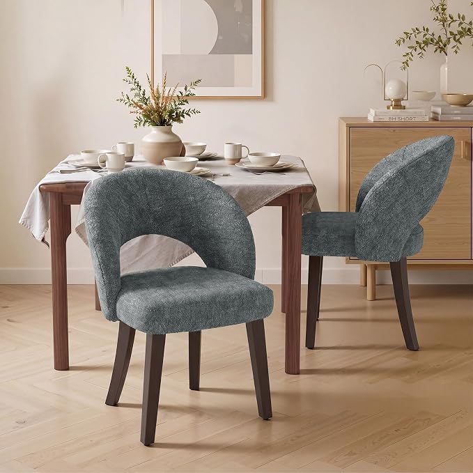Dining Chairs Set of 4, Mid Century Modern Dining Chairs with Solid Wood Legs, Curved Back Kitchen Chair Farmhouse Side Upholstered Chairs for Kitchen Dining Room, Gray