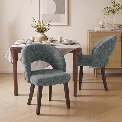 Dining Chairs Set of 4, Mid Century Modern Dining Chairs with Solid Wood Legs, Curved Back Kitchen Chair Farmhouse Side Upholstered Chairs for Kitchen Dining Room, Gray