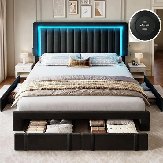 DWVO Queen Size Bed Frame with Adjustable Headboard, 4 Storage Drawers and RGB LED Lights, Velvet Upholstered Platform Bed with USB Ports, No Box Spring Needed, Fast Assembly, Noise-Free, Black