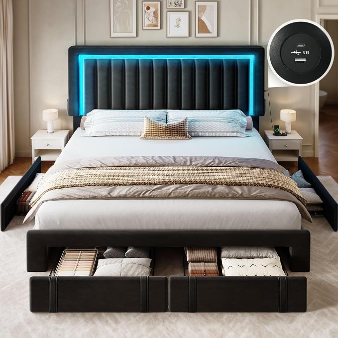 YITAHOME Queen Size Bed Frame with Adjustable Headboard, 4 Storage Drawers and RGB LED Lights, Velvet Upholstered Platform Bed with USB Ports, No Box Spring Needed, Fast Assembly, Noise-Free, Black