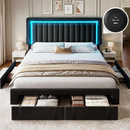 YITAHOME Queen Size Bed Frame with Adjustable Headboard, 4 Storage Drawers and RGB LED Lights, Velvet Upholstered Platform Bed with USB Ports, No Box Spring Needed, Fast Assembly, Noise-Free, Black