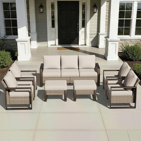 Joyside Outdoor Patio Chairs, 7 Pieces Wicker Rattan Furniture Set, 4 Patio Chairs, 1 Sofa and 2 Ottoman, Metal Wide Armrest, Thick Cushions and Deep Seating for Garden, Backyard, Porch, Deck