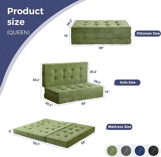 MAXYOYO 6" Folding Sofa Bed for Floor, Tufted Tri-Fold Floor Mattress with Chenille Fabric, Queen Size Portable Sofa Couch Guest Mat for Adults, Foldable Topper for Camping, Green, 59"x78.7"