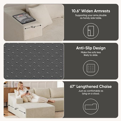Boneless Couch, 102.4" Sectional Couches for Living Room with L Shape Sofa | Cloud Couch Sectional with Chaise, Modular Cloud Sofa with Deep Seat, No Assembly, Beige, Corduroy, Left Chaise