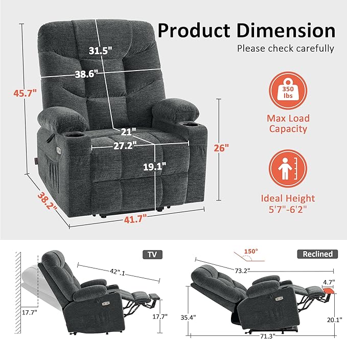 MCombo Oversized Power Lift Recliner Chair with Extended Footrest, Extra Wide for Big and Tall Elderly People, Fabric R7399 (Dark Gray, Large-Wide)