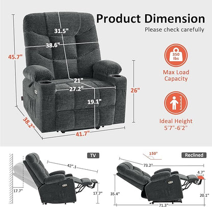 MCombo Oversized Power Lift Recliner Chair with Extended Footrest, Extra Wide for Big and Tall Elderly People, Fabric R7399 (Dark Gray, Large-Wide)