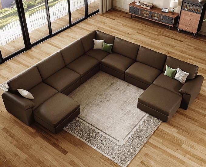 EASE MOOSE Faux Leather Sectional Couch with Ottoman, Oversized Modular Sofa, Vintage Comfy Modular Couch, Scratch Resistant Material Sofas, U Shaped Couch for Living Room, Deep Brown