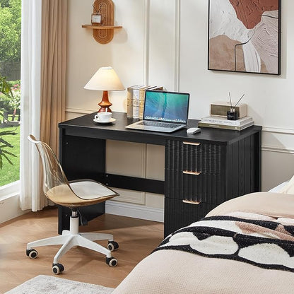 LEYAOYAO Office Desk 48" with 3 Drawers Storage File Cabinet Wood Fluted Desk for Computer Office Bedroom Home Furniture Black