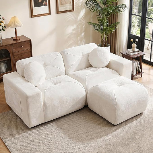82" Modular Sectional Cloud Couch, L Shaped Sofa Boneless Couches with Movable Ottoman, 2 Deep Seat Modern Comfy Velvet Sofa for Living Room, Bedroom, Apartment (Beige)