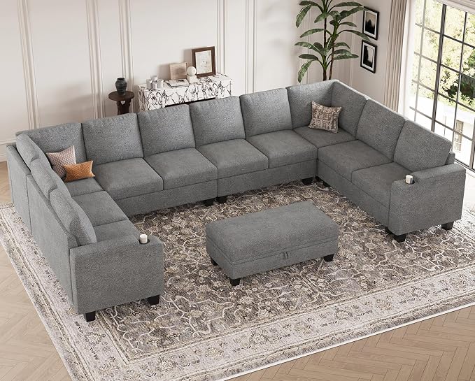 Belffin Oversized U Shaped Modular Sectional Couches for Living Room 10 Seater Modular Sofa Set with Storage Ottoman Large Sectional Couch with Cup Holder. Light Grey Sofa