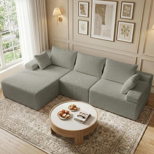 kinmars 108" Boneless Sectional Couch,Corduroy Cloud Couch Sectional for Living Room,Modern L Shaped Modular Sectional Couch,3 Seater Sofa (Camel, 108.9" L Shaped with Left Facing Chaise)