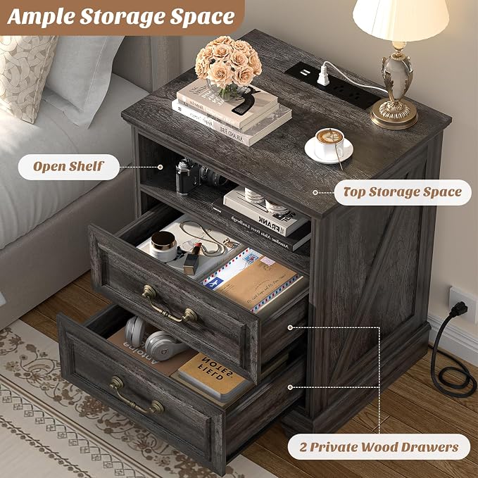 Unikito Farmhouse Nightstands Set of 2, Night Stands with Charging Station, Bedside Table with 2 Large Drawers & Vintage Handles, Side Table with Open Storage for Bedroom (Gray Oak)