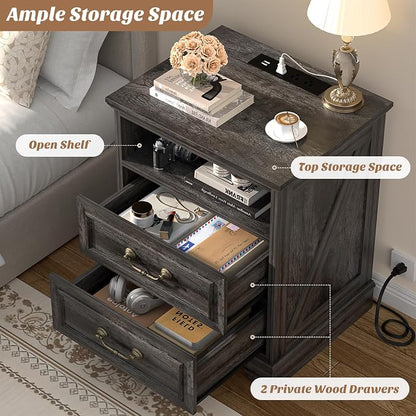 Unikito Farmhouse Nightstands Set of 2, Night Stands with Charging Station, Bedside Table with 2 Large Drawers & Vintage Handles, Side Table with Open Storage for Bedroom (Gray Oak)