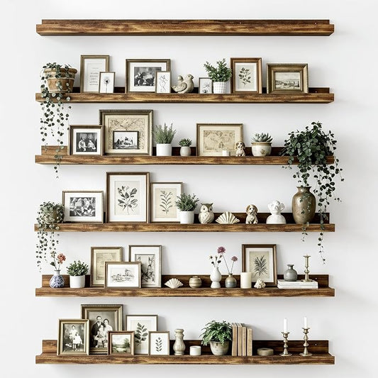 upsimples Floating Shelves for Wall, 47.3 Inch Shelves for Decor Storage Set of 6, Wall Mounted Wood Shelf for Bedroom, Living Room, Bathroom, Kitchen, Long Picture Ledge Shelves, Brown