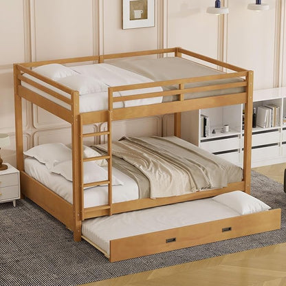 Merax Wood Queen Bunk Bed with Twin XL Trundle & Ladder - Space-Saving Design, Sturdy Frame & Guard Rails,Wood Color