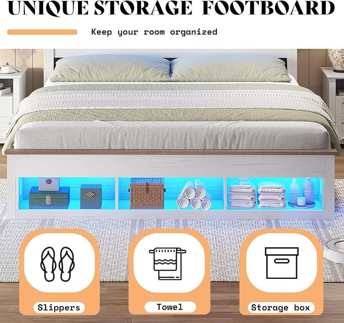 AMERLIFE 3-piece Farmhouse Bedroom Furniture Set, Includes 1 Queen LED Platform Bed Frame with Bookcase Storage Headboard & Charging Station, and 2 Nightstands with Drawers, Distressed White