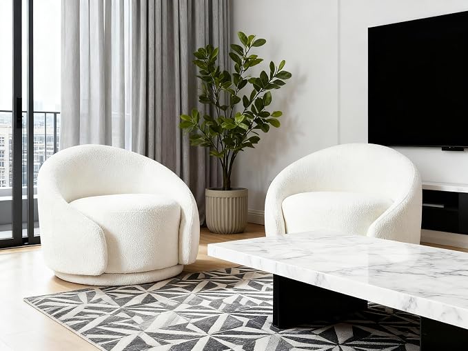 VANOMi Swivel Accent Chairs for Living Room, 34" Swivel Barrel Chair Oversized Armchairs Modern Boucle Reading Chairs for Bedroom, Corner, Apartment, Cream White