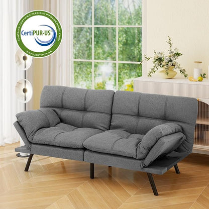 Vipbear 71" Futon Sofa Bed - Convertible Sofa Beds/Adjustable Backrest & Armrest, Comfy Loveseat Sleeper for Small Spaces, Apartments & Offices,Linen Fabric Medium Grey Futons