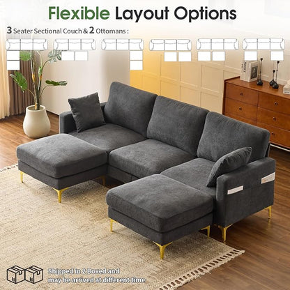 VINGLI 100" W U Shaped Couch with Ottoman, 22" Deep Seat Comfortable Sectional Couches for Living Room, 3 Seater Chenille Fabric Cloud Sofa for Apartment, Small Spaces, Bedroom, Grey