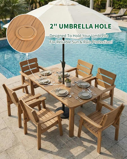 Outdoor Rectangle Dining Table with Rounded Edge, 67" All-Weather HIPS Patio Table for 6, Outdoor Furniture with Umbrella Hole, Ideal for Garden, Poolside, Backyard, Deck, Teak