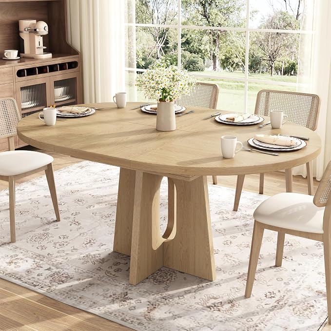Epecoya 59-Inch Extendable Round Dining Table for Dining Room, 4-6 People Farmhouse Oval Wood Expandable Kitchen Dinner Table with Heavy Cross Pedestal for Living Room, Apartment, Light Oak