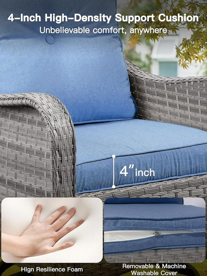 9-Piece Patio Furniture Set, Outdoor Swivel Rocking Chairs with 4" Thick Cushions & Side Table, All-Weather PE Rattan & Rust-Resistant Steel Frame Conversation Set for Porch, Garden, Backyard, Blue