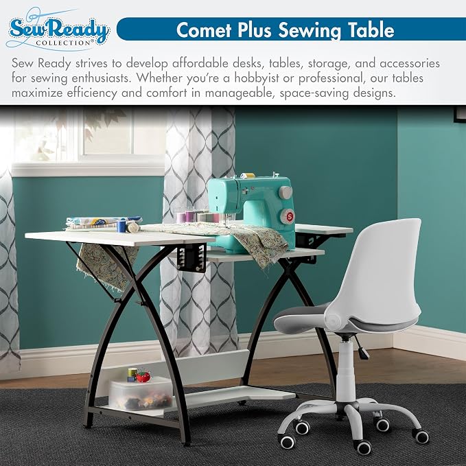 Sew Ready Comet Plus Hobby and Sewing Table with Lower Shelf, Black/White
