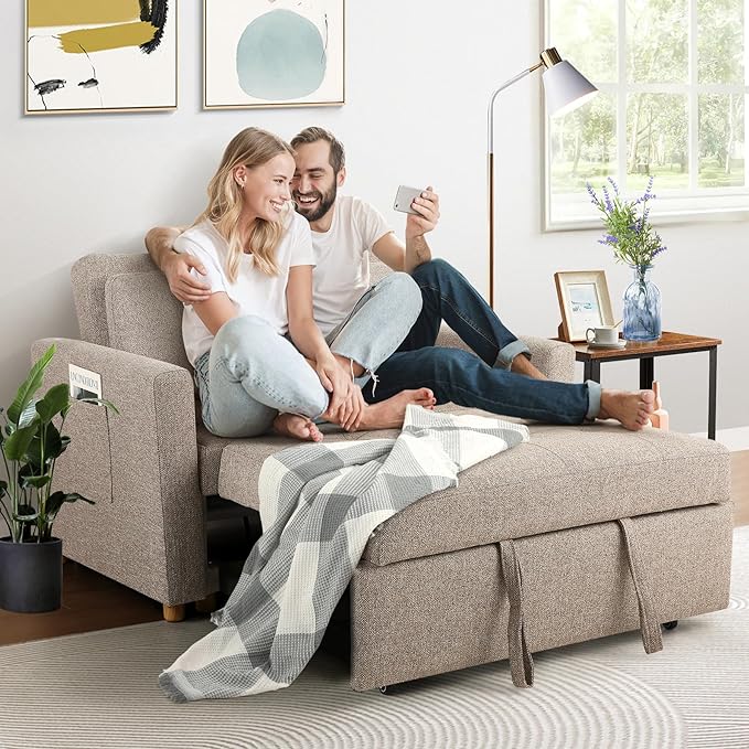 SEJOV 3-in-1 Convertible Sofa Bed, Linen Fabric Sleeper Couch Pull Out Bed, 49" 2-Seater Loveseat Futon Sofa with Spring Support, Adjustable Backrest and Pillows for Small Spaces, Living Room