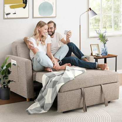 SEJOV 3-in-1 Convertible Sofa Bed, Linen Fabric Sleeper Couch Pull Out Bed, 49" 2-Seater Loveseat Futon Sofa with Spring Support, Adjustable Backrest and Pillows for Small Spaces, Living Room