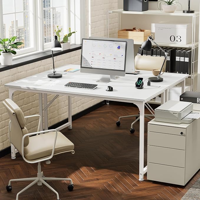 PRAISUN 55 X 20 Inch Office Computer Desk with Power Outlets and USB-C Port, Larger and Longer Gaming Desk, for Home Office, Study, Bedroom, Writing Work from Home Table, Metal Frame, White