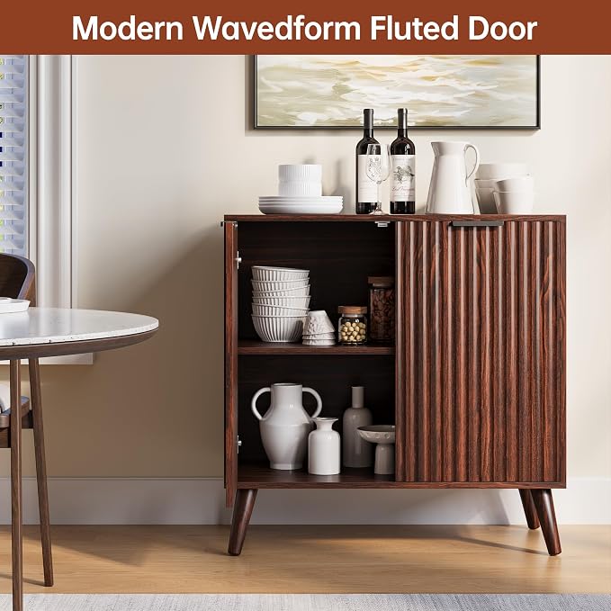 Set of 2 Fluted Sideboard Buffet Cabinet, 63" Mid Century Modern Storage Cabinet with Adjustable Shelves & 4 Doors, Accent Cabinet for Dining Room & Living Room, Walnut