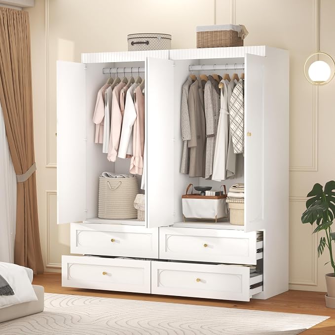Wooden Wardrobe Closet with Doors: 75" Tall White Armoire Wardrobe Closet with 4 Drawers and 4 Doors, Modern Clothes Cabinets for Bedroom Armoires with Hanging Rod (4-Drawers, 63")