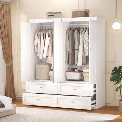 Wooden Wardrobe Closet with Doors: 75" Tall White Armoire Wardrobe Closet with 4 Drawers and 4 Doors, Modern Clothes Cabinets for Bedroom Armoires with Hanging Rod (4-Drawers, 63")