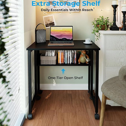 GreenForest Folding Desk with Wheels, 31.5 Inch Compact Rolling Computer Table with Storage Shelf, Portable Mobile Workstation for Small Spaces, Easy Assembly, Black