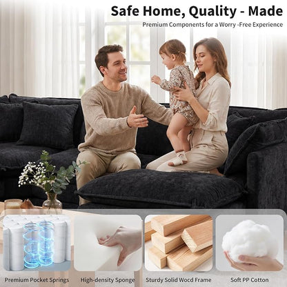 Oversized Modular Sectional Cloud Sofa: 114" V-Shaped Modular Cloud Couch, 5 Seater Comfy Couch with Ottomans and Pillows, Chenille Deep Seat Couch for Living Room,Bedroom,Apartment,Large Space, Black