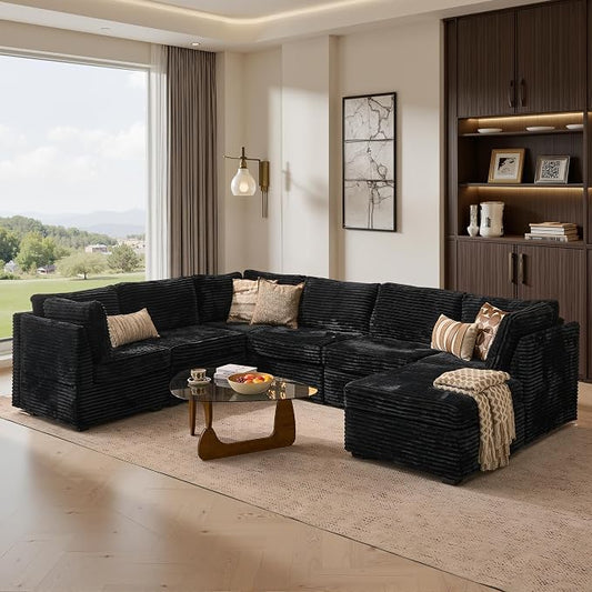 ovios Modular Sectional Sofa Couch with Sofa Bed U-Shape Chaise, Comfy Plush Corduroy Cloud Couches, Modern Luxury Deep Seat Sofas Set for Living Room, 7-Seater, Black