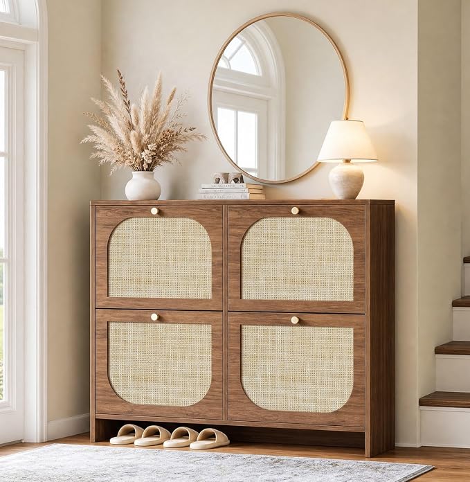 Nicetree Freestanding Ultra Slim Arched Accent Entryway Shoe Storage - 4 Flip Drawers & 3-Tier Adjustable Shelves, Modern Slim Shoe Cabinet for Hallway, Foyer (flip Down Shoe Cabinet | Amber Oak)