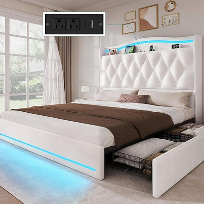 DWVO Queen Size Bed Frame with 4 Storage Drawers and RGB LED Lights, 57'' Tall Headboard Velvet Upholstered Bed with Charging Station, No Box Spring Needed, Easy Assembly, Noise-Free, White